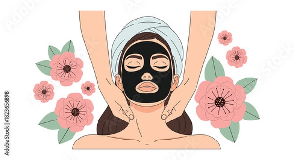 Fototapeta Relaxing spa day illustration featuring woman with a purifying facial mask and pretty pink flowers for beauty and wellness concepts