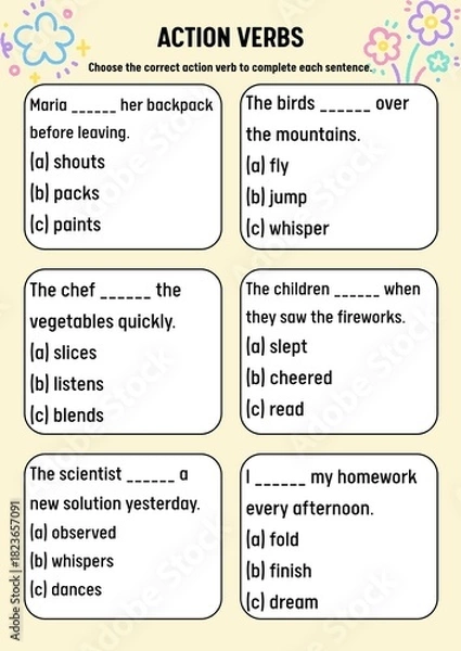 Obraz Engaging Educational Activity Worksheet for Students to Master English Action Verbs and Grammar Comprehension