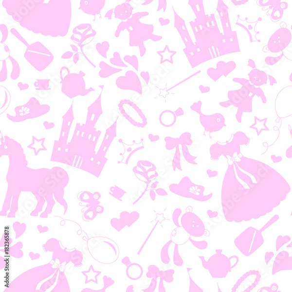 Fototapeta Seamless pattern on the theme of Hobbies baby girls,  accessories and toys, the outlines of objects pink icons on a white background 