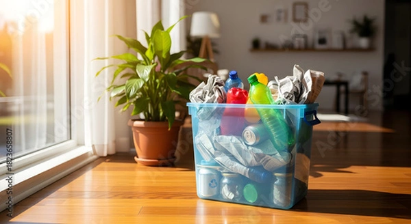 Fototapeta A blue recycling bin filled with plastic bottles, cans, and paper sits on a wooden floor in a sunlit home, promoting environmental responsibility.