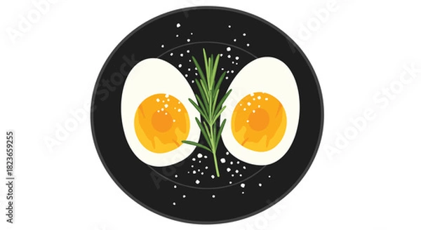 Fototapeta Delicious and healthy breakfast idea two boiled eggs with fresh rosemary and salt served on a black plate for your morning routine