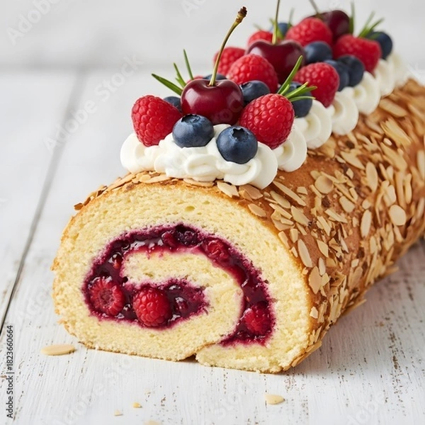 Obraz Berry Cream Roll Cake , Festive Dessert with Whipped Cream and Fresh Fruits
