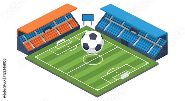 Fototapeta Isometric soccer stadium with a dynamic football, perfect for sports designs, event promotions, and exciting game day campaigns