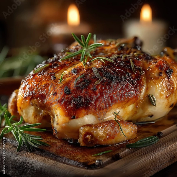 Obraz Crispy roast chicken quarter with glistening juices and char marks under warm moody light — high-detail food close-up