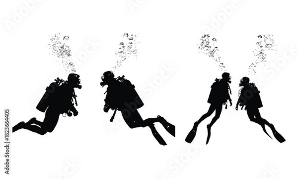 Fototapeta Scuba divers group silhouette underwater with oxygen bubbles