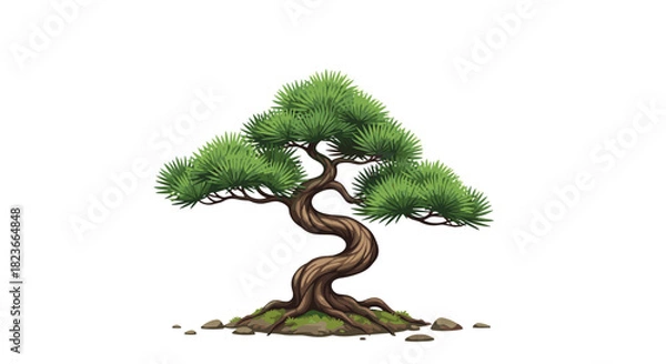 Fototapeta Serene bonsai tree illustration with winding trunk, perfect for tranquil nature designs and peaceful zen garden concepts on white background