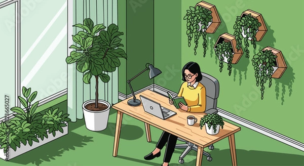Fototapeta Woman enjoying a peaceful reading break in her vibrant, plant-filled home office, creating a serene and inspiring workspace for creatives