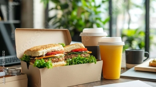 Obraz Breakfast delivery box sandwiches juice and coffee cup placed near office workspace items