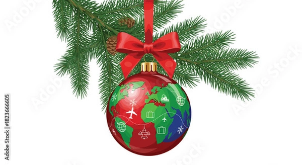 Fototapeta Holiday travel adventures await with this festive Christmas ornament featuring the world map and airplane routes for wanderlust spirits