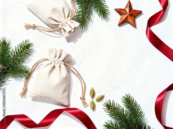 Fototapeta Decorative fabric bags on white background with pine branches and ribbon  