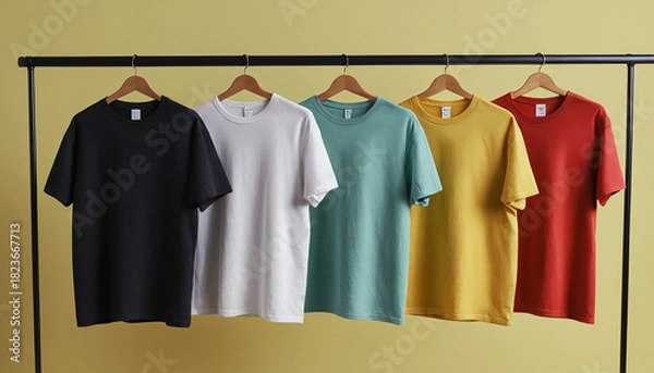 Fototapeta Colorful tshirts on hangers on wooden wall background 3d mockup tshirt
10