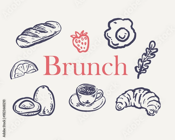 Fototapeta Brunch menu - vector hand drawn whimsical illustrations set	