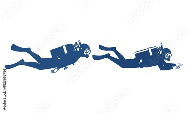 Fototapeta Two scuba divers silhouette exploring underwater, adventure concept