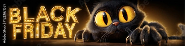 Fototapeta Close-up of a fierce black cat with glowing golden eyes and sharp claws stands beside a bright gold “BLACK FRIDAY” sign on black background, in a dark, cinematic Halloween atmosphere. Generative AI.
