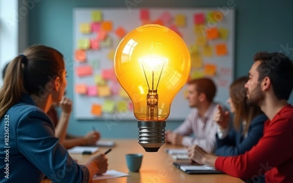 Obraz Ideation, brainstorming to gather new idea, effective meeting discussion, team members discover solution, scrum concept, business people brainstorm with sticky notes combined to bright lightbulb idea.