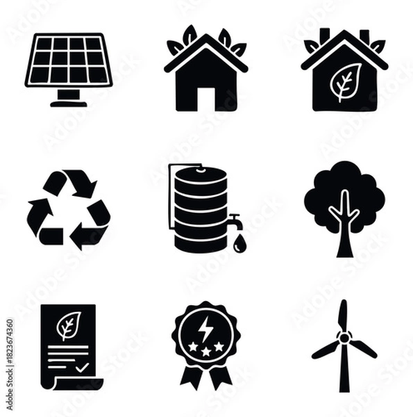 Fototapeta Collection of black glyph icons representing renewable energy and environmental sustainability for ecofriendly concepts and green initiatives.