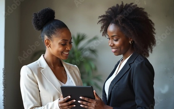 Fototapeta Black women, business and tablet in discussion or meeting for corporate strategy, planning or collaboration at office. African woman executive talking to employee on touchscreen technology at work