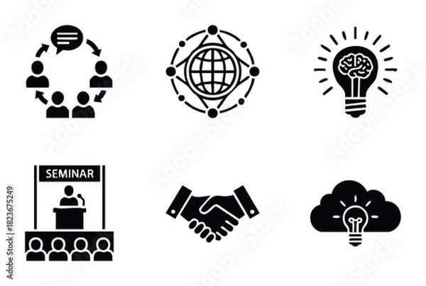 Obraz Collection of business and collaboration icons depicting teamwork ideas communication global networking seminar and partnership for corporate presentations and web use