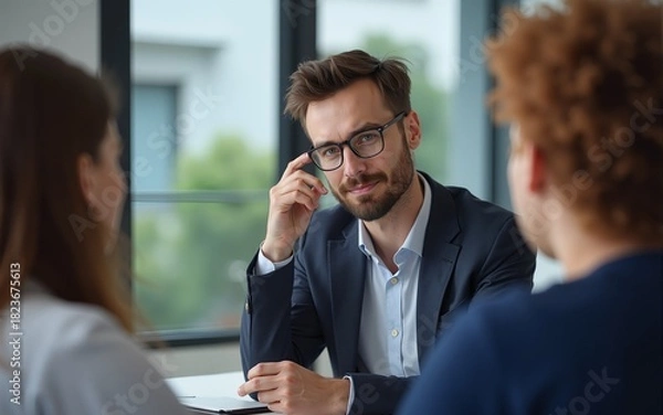 Fototapeta Confident businessman listening attentively in a meeting with colleagues. High quality