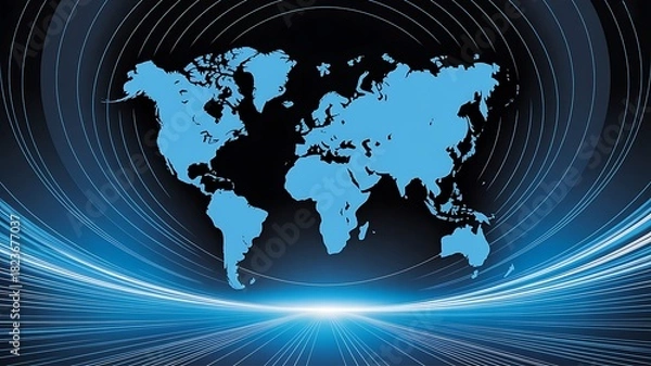 Fototapeta Blue world map on dark background with light streaks and concentric circles global earth