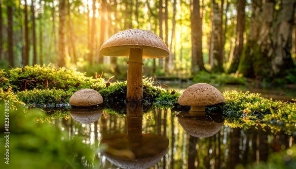 Obraz The fresh and natural mushrooms of the forest are in season and in the concept of the mystical forest texture with their reflections on the water's edge.