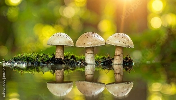 Obraz The fresh and natural mushrooms of the forest are in season and in the concept of the mystical forest texture with their reflections on the water's edge.