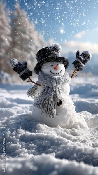 Fototapeta Happy snowman in winter landscape with raised arms and soft falling snow