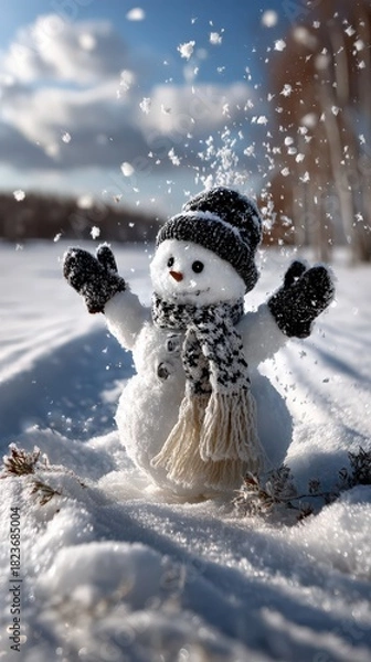 Fototapeta Happy Snowman in Softly Falling Snow