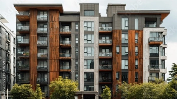 Fototapeta Modern multi-story residential apartment building with varied architectural design and materials.