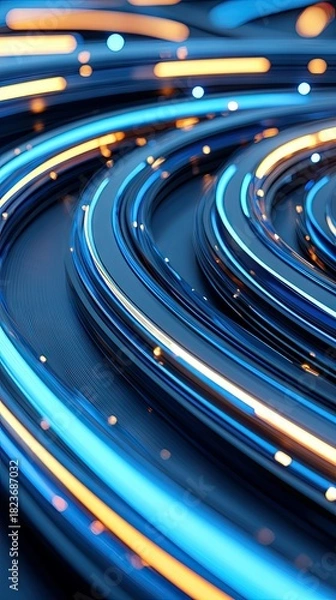 Fototapeta Abstract swirling lines of blue and orange light with bokeh effects against a dark, textured background. Represents speed, data, and technology.