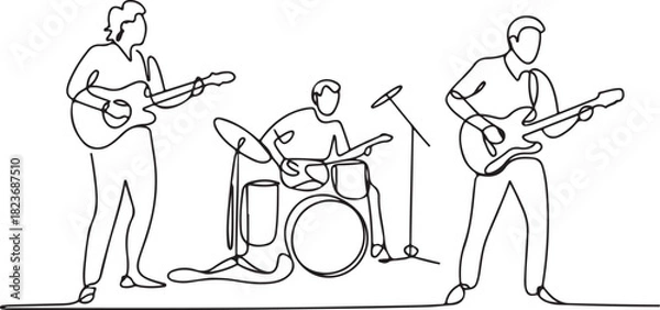 Fototapeta Continuous line art illustration of small band performing on stage with handmade contour