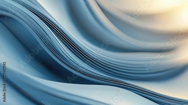 Fototapeta Abstract flowing blue material with soft, warm light creating a serene and elegant mood. The texture suggests layers and curves.