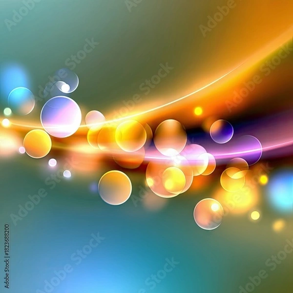 Fototapeta An abstract background featuring glowing bokeh circles and flowing light streaks in warm orange and cool teal colors, creating a dynamic and luminous effect.