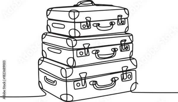 Obraz Continuous line art illustration of stacked old travel suitcases with tags using handmade sketch contour