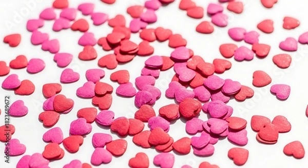Obraz A scattering of small, heart-shaped candies in shades of pink and red on a white background.