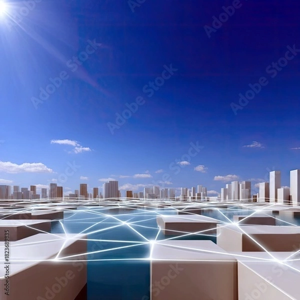 Fototapeta An abstract digital cityscape with geometric structures and a glowing network overlay, set against a bright blue sky with scattered clouds and a sun flare.