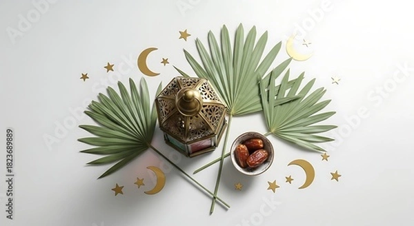 Obraz A Ramadan lantern, dates, and palm leaves arranged with crescent moons and stars on a white background.