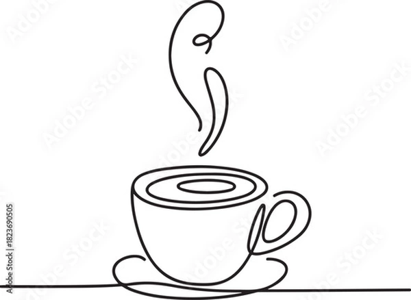 Fototapeta Continuous line art illustration of handmade sketch contour forming a steaming coffee cup