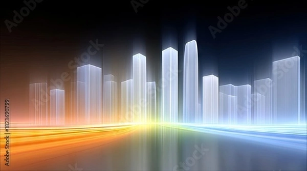Fototapeta An abstract digital illustration depicting a futuristic cityscape with glowing, translucent skyscrapers and vibrant streaks of light representing movement or en