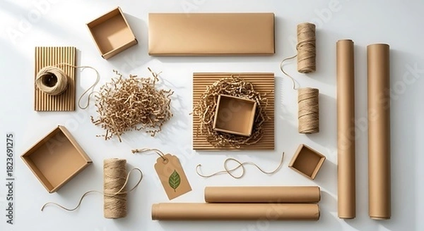 Obraz A flat lay arrangement of various eco-friendly packaging materials including cardboard boxes, paper shred, twine, and kraft paper rolls.