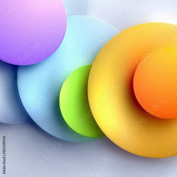 Fototapeta A composition of overlapping colorful circles in shades of purple, blue, green, yellow, and orange, set against a clean white background with soft, diffused lig
