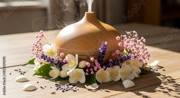 Obraz Aromatherapy diffuser surrounded by fresh jasmine and lavender flowers on a wooden table.
