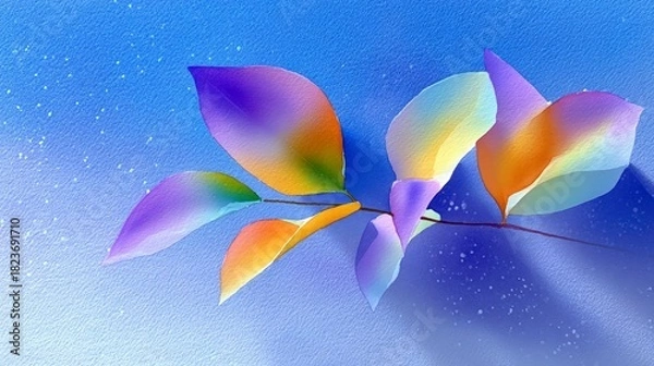 Fototapeta A close-up of a branch with abstract, multi-colored leaves in shades of purple, orange, and green. The background is a textured blue with subtle light effects a
