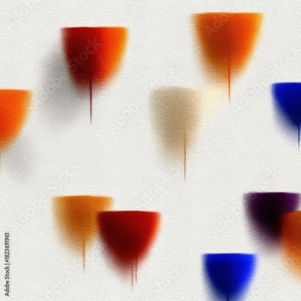Fototapeta An abstract composition featuring multiple blurred, colorful shapes that resemble wine glasses or tulips arranged in a repeating pattern against a textured whit