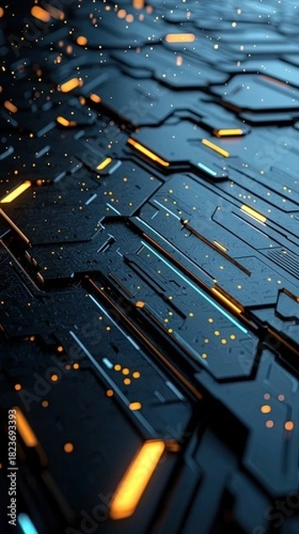 Fototapeta A close-up, abstract view of a dark, textured digital circuit board with intricate patterns and glowing orange and blue lights, suggesting technology and data f