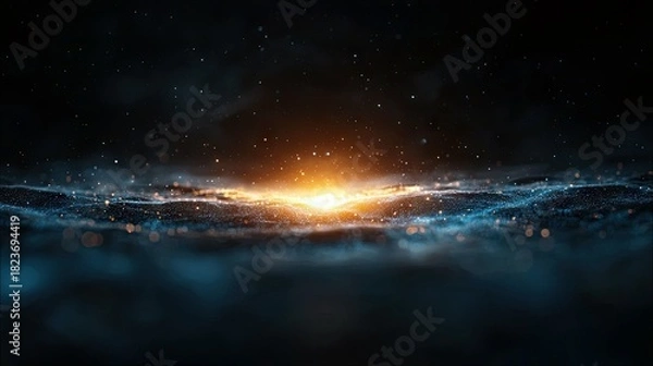 Fototapeta An abstract digital visualization featuring a wavy, illuminated surface composed of countless small particles, set against a dark, star-filled background with a