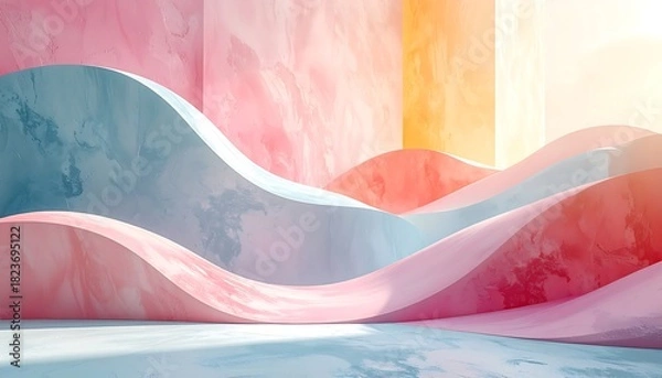 Obraz Abstract pastel waves fill a corner space with pink, blue, and orange hues, suggesting an interior scene