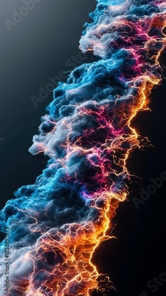 Fototapeta An abstract representation of energy, with swirling clouds of blue and white smoke illuminated by vibrant orange and pink lightning strikes against a dark backg