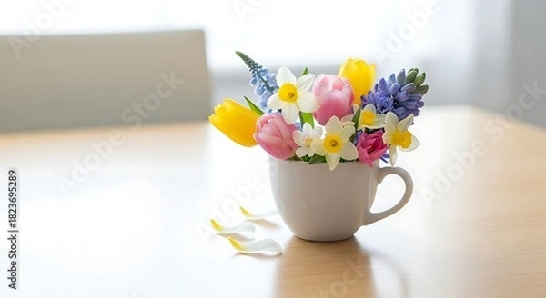 Obraz A charming bouquet of spring flowers including tulips, daffodils, and hyacinths arranged in a white teacup on a wooden table.