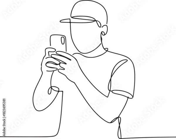 Fototapeta Continuous line art illustration of person holding phone snapping travel photo with natural contour